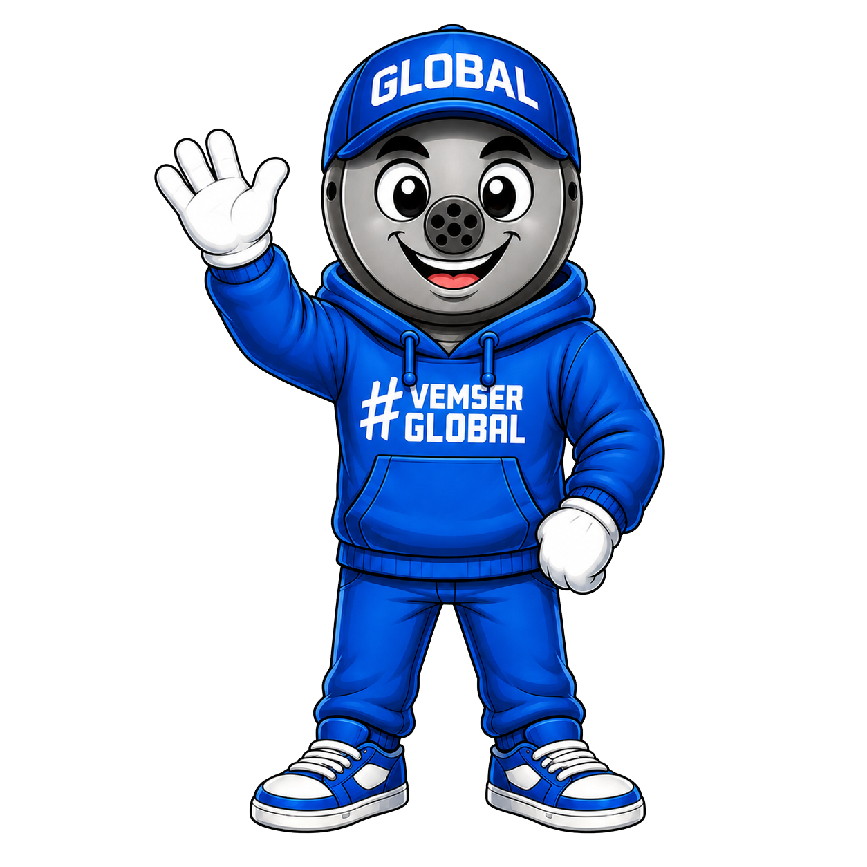 Mascote da Global Distribuidora dando boas-vindas