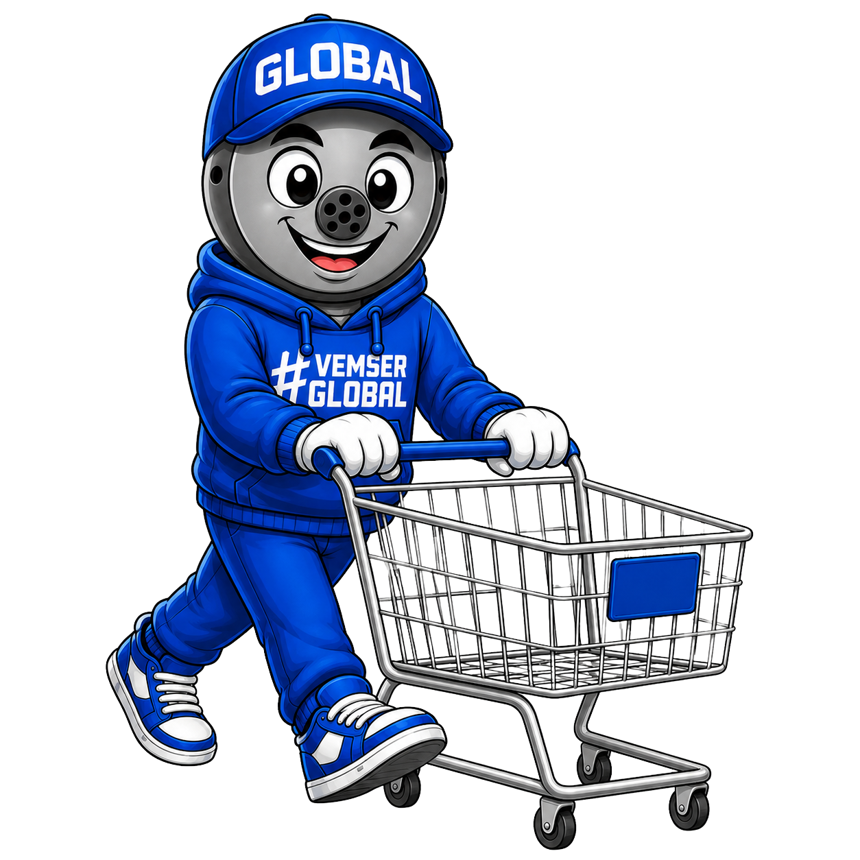 Mascote da Global empurrando um carrinho de compras