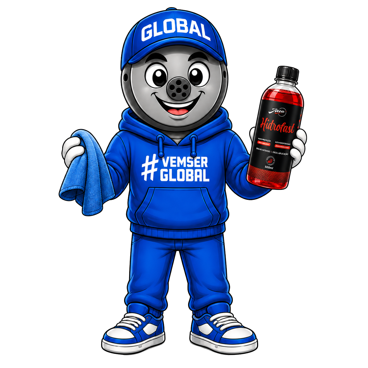 Mascote da Global segurando um produto Jaça e uma flanela