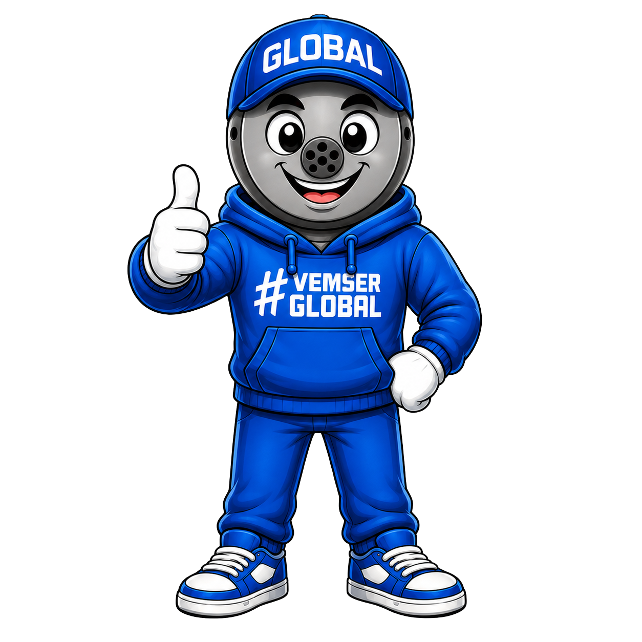 Mascote da Global Distribuidora fazendo joinha