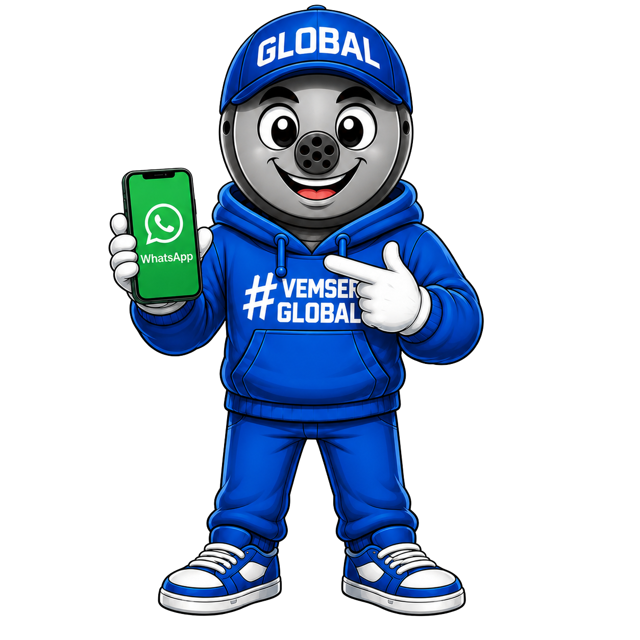 Mascote da Global apontando para o celular com o WhatsApp aberto